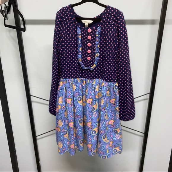 Matilda Jane Clothing Navy & Pink Polka Dot To Market A-Line Dress size 10 - Picture 1 of 4